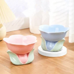 Bols Fleur Pastel Bleu et Rose avec Détails Feuilles