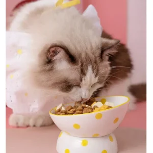 Bol surélevé à pois jaunes pour chat | Design pastel et ludique
