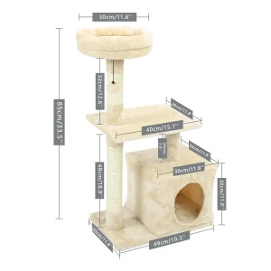 Arbre à chat beige avec plateforme et niche compacte – 85 cm