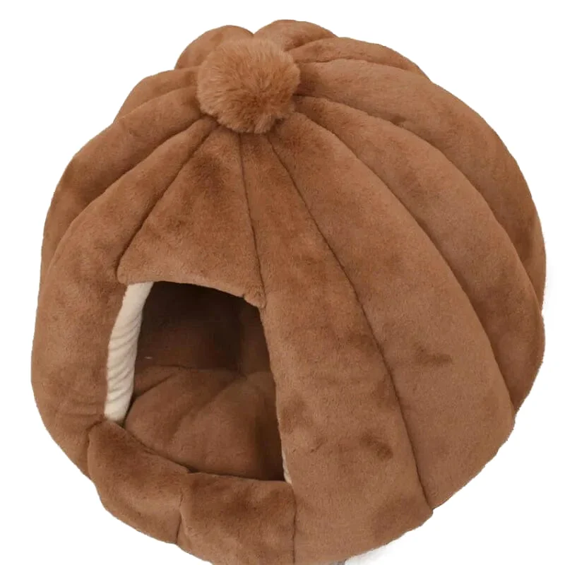 Niche Douillette Marron en Forme de Citrouille avec Pompon